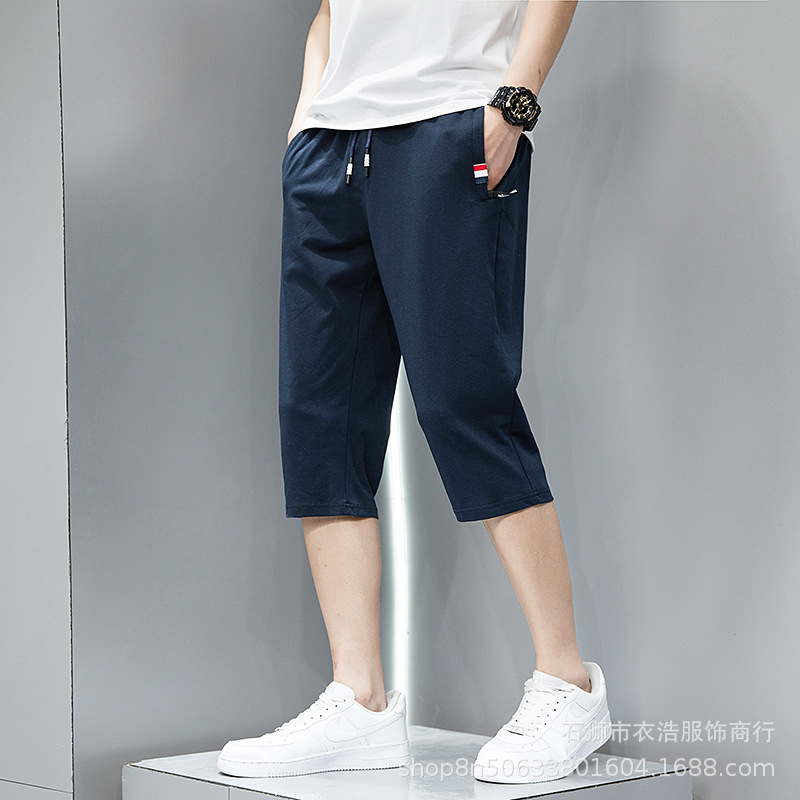 Pantalones de hombre de talla extra grande, pantalones cortos informales de verano de algodón puro, pantalones deportivos con cordón elástico, pantalones cortos versátiles 7/8 para hombres grandes y altos