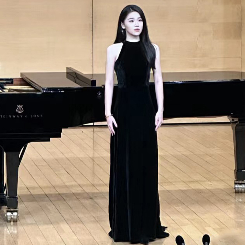 New Annual Meeting Evening Dress Black High-End Slimming Birthday Party Banquet Host Piano Texture Dress