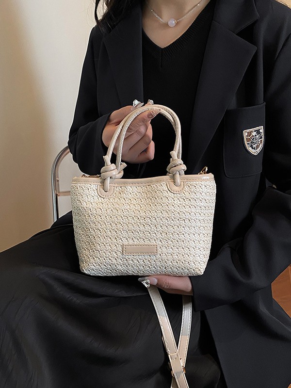 Cross-Border Retro Stitching Handbag Women's 2025 New Straw Fashion Shoulder Crossbody Bag Commuting Large Capacity