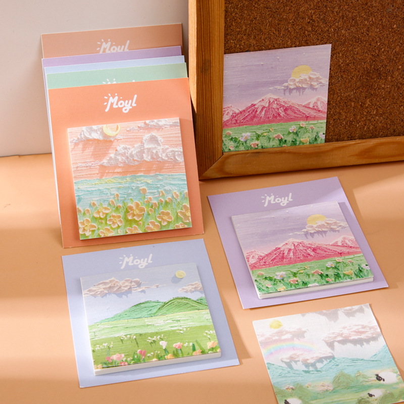 Bloc de notas adhesivas con diseño de pintura al óleo, alto valor estético, estilo simple, para estudiantes, adhesivo fuerte, bloc de notas con paisajes.