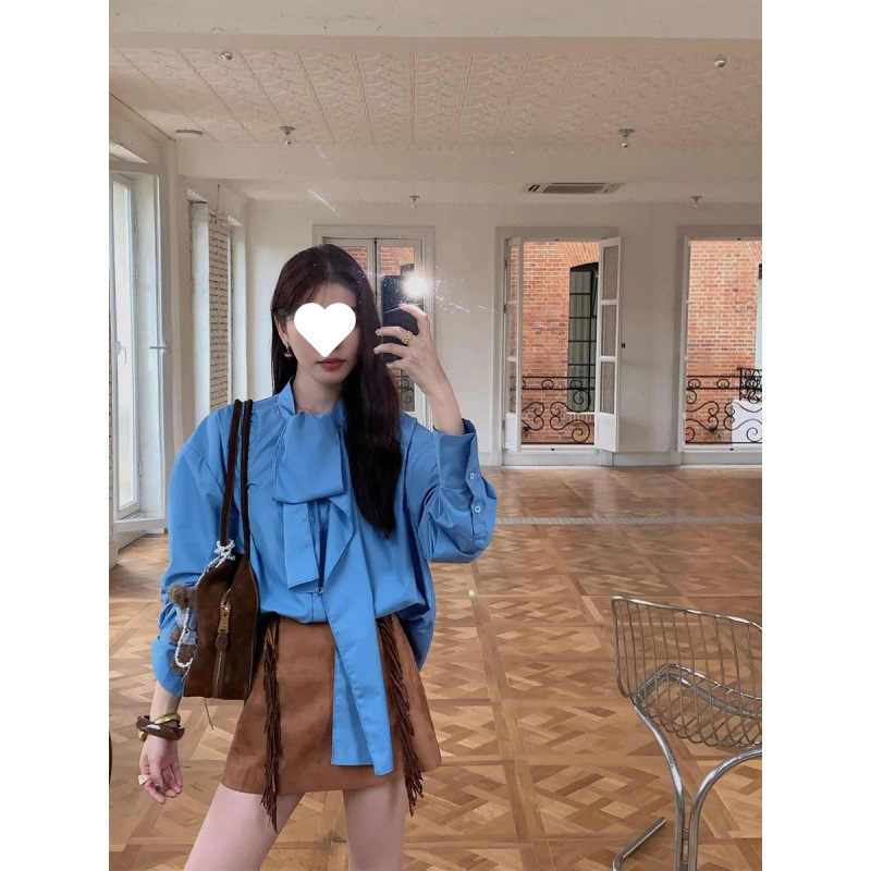Unique Designer French-Style Ribbon Shirt, Spring 2026 Vintage Cute Loose Slimming Long-Sleeve Top for Women