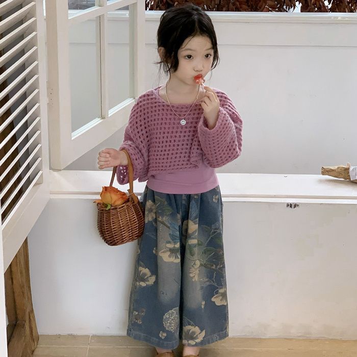 女童秋秋套装2025新款儿童洋气镂空针织花朵牛仔裤三件套宝宝衣服|undefined