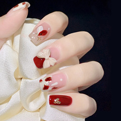 Fresh, Pure, and Alluring Fake Nail Stickers—Deep Burgundy Sweetheart Design for a Brightening Effect; Detachable Butterfly Heart-Shaped Nail Tips Available as Wholesale Finished Products