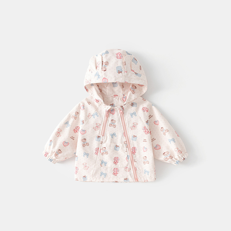 2026 Spring New Style Double Zipper Design Girls' Jackets Baby Girls' Spring Cartoon Print Hooded Tops Wholesale