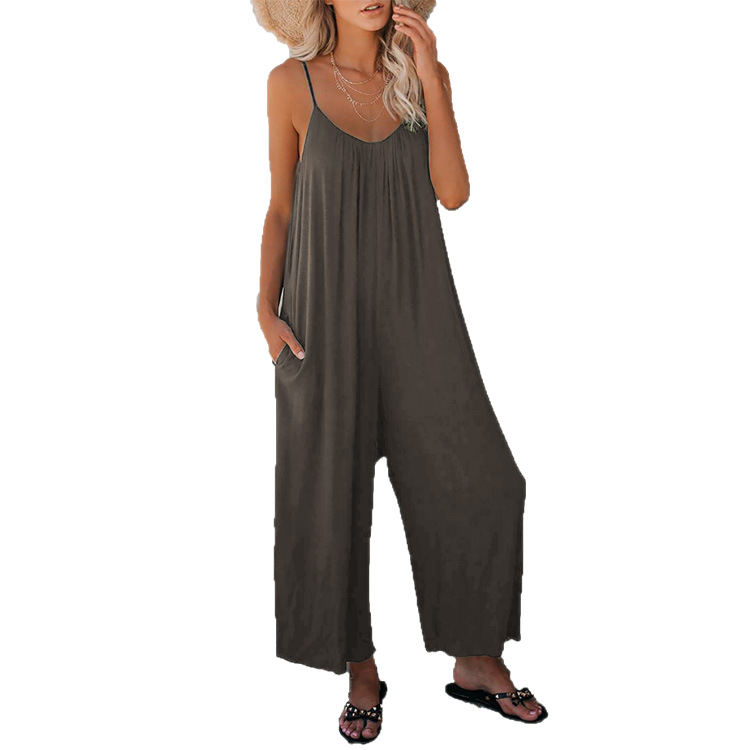 Amazon European and American Style Women's Suspender Jumpsuit 2026 Summer New Cross-Border Solid Color Pocket Casual Jumpsuit