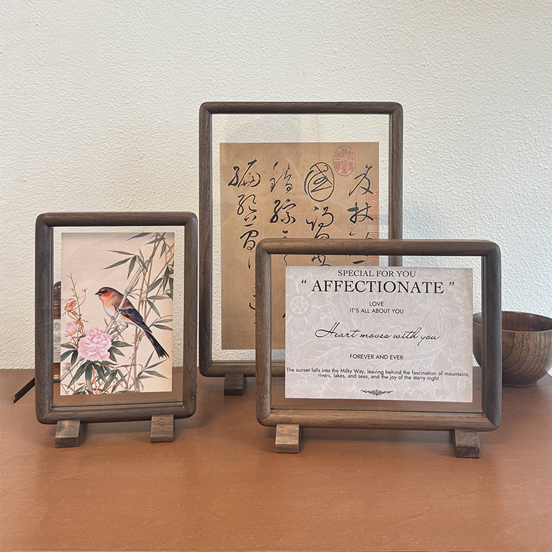 High-End Solid Wood Black Walnut Mortise and Tenon Double-Sided Magnetic 6inch 3inch Photo Frame Table Chinese Painting Calligraphy A4 Picture Frame