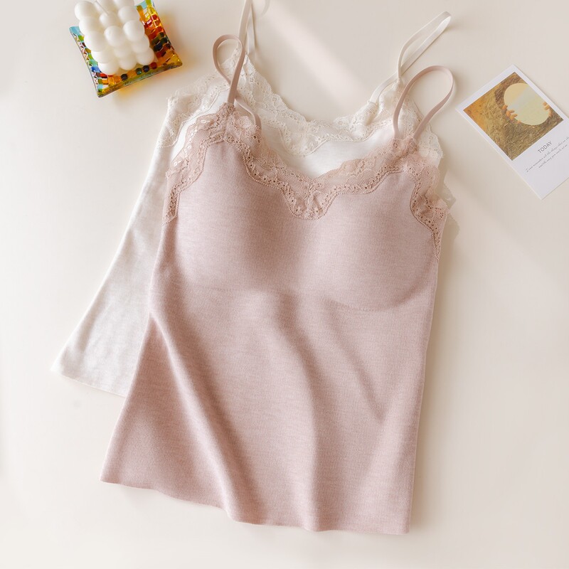 Pure Desire Lace Trim Camisole for Women, Warm with Chest Pad Bra, Integrated Slightly Brushed Autumn Base Layer for Inner or Outer Wear