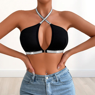 Cross-Border Lingerie for Women, Halter Neck with Silver Straps, Side Breast Support, Comfortable and Breathable, European and American Sizes, Sexy Hot Girl Style Bra