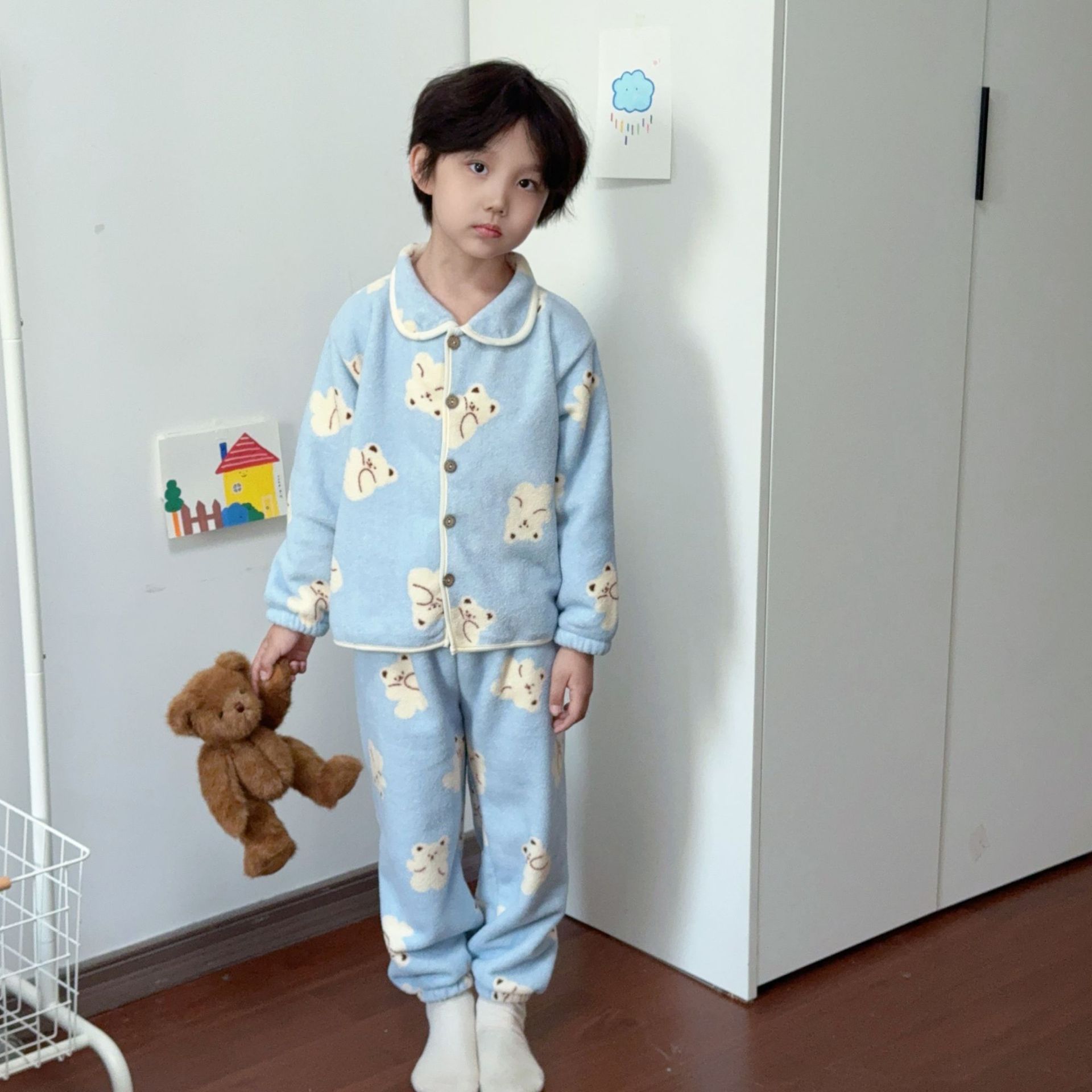 Pijamas para niños engrosados ropa de hogar Cardigan juego de niños y niñas otoño invierno pelusa con collar de peluche caliente dos conjuntos
