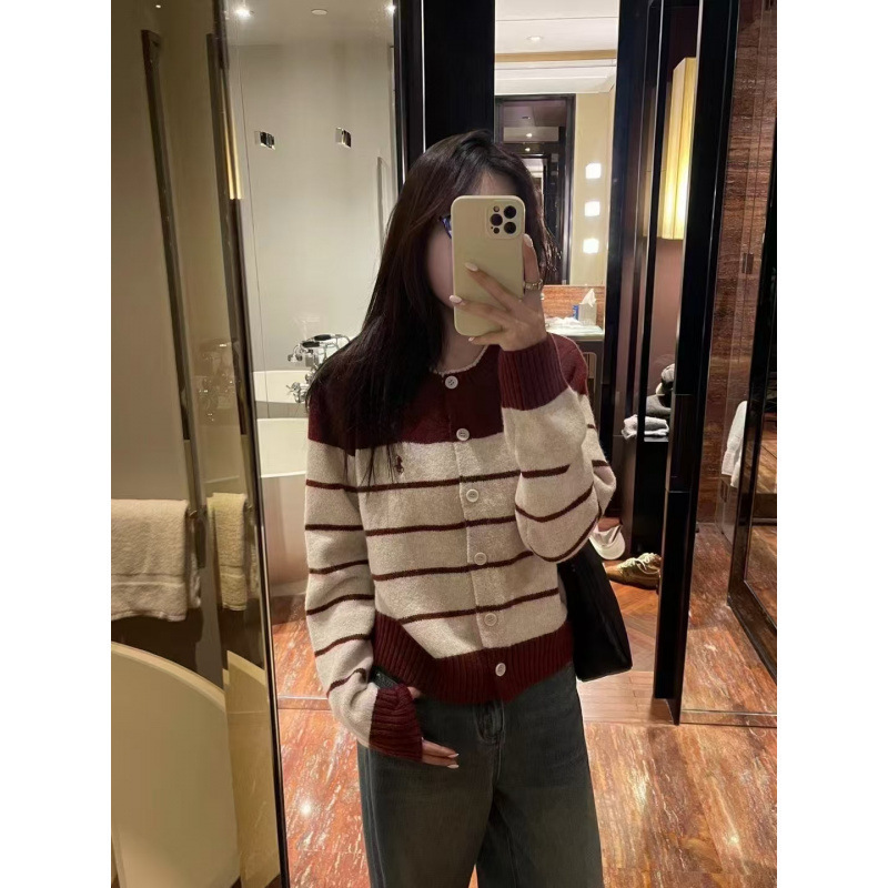 韩系刺绣小马复古圆领秋冬新款慵懒条纹针织开衫女撞色气质外套|undefined
