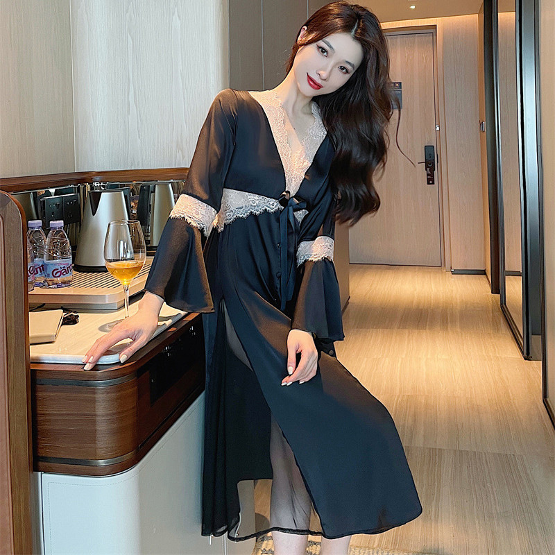 Ice Silk Nightgown Women's 2023 New Arrival Hollow Spring and Autumn French Style Mid-Length Hot Long-Sleeved Sexy Pajamas with Chest Pad