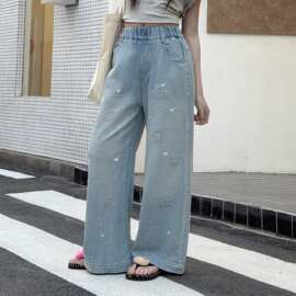 女童裤子2026新款春夏中大童直筒阔腿裤烫钻亮片猫咪夏季牛仔裤潮
