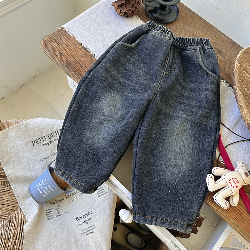 QK256319男童一体绒牛仔裤2025秋冬新款男宝洋气长裤潮男童牛仔裤