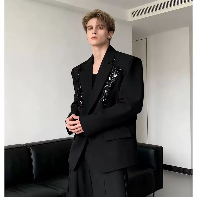 Light luxury sequin embroidery design shoulder-padded black blazer for men, high-end stylish and trendy suit jacket