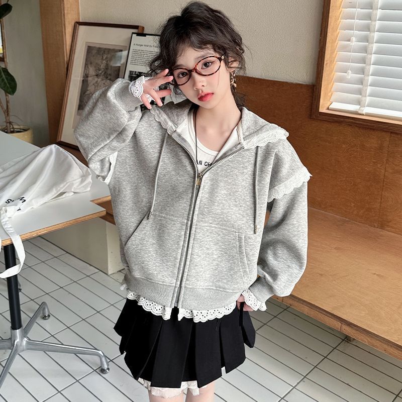 Lace spring solid fashionable long-sleeve girl's with hood