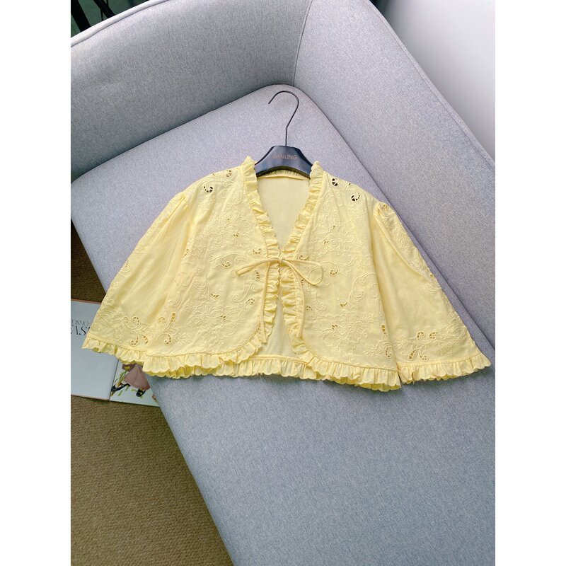 Casual Blouse~Cotton and Linen Blend Lace Embroidered Tie-Up Shirt for Women with Yellow Lace Trim Loose Cardigan Top Casual Blouse~Cotton and Linen Blend Lace Embroidered Tie-Up Shirt for Women with Yellow Lace Trim Loose Cardigan Top