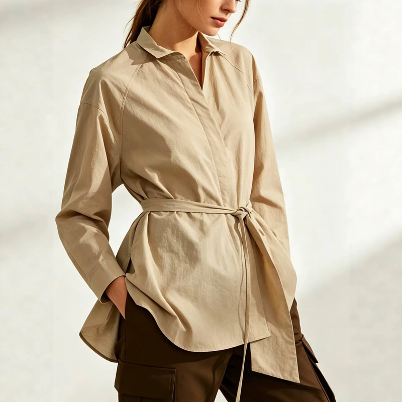 Foreign trade TikTok independent website women's new V-neck long-sleeved shirt with tie closure, European and American style, waist-cinching, wholesale Foreign trade TikTok independent website women's new V-neck long-sleeved shirt with tie closure, European and American style, waist-cinching, wholesale