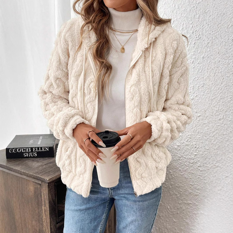 Europe and the United States cross-border double-sided plush drawstring hooded zipper cardigan patch bag fashion cardigan coat women ~ independent station Europe and the United States cross-border double-sided plush drawstring hooded zipper cardigan patch bag fashion cardigan coat women ~ independent station
