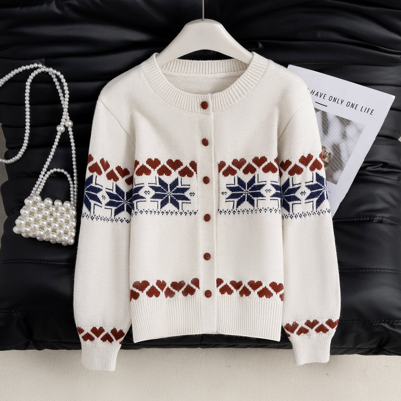 Fair Isle Style Round Neck Cardigan Thick Sweater for Women Spring 2026 New Off-White Geometric Pattern Loose Knit Sweater Fair Isle Style Round Neck Cardigan Thick Sweater for Women Spring 2026 New Off-White Geometric Pattern Loose Knit Sweater