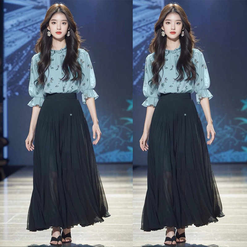 茶系穿搭一整套绿色碎花衬衫半裙套装2025年新款女装早秋时尚减龄|undefined
