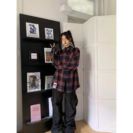 美式复古长袖格子衬衫男女情侣装2026春季设计感腰衬衣
