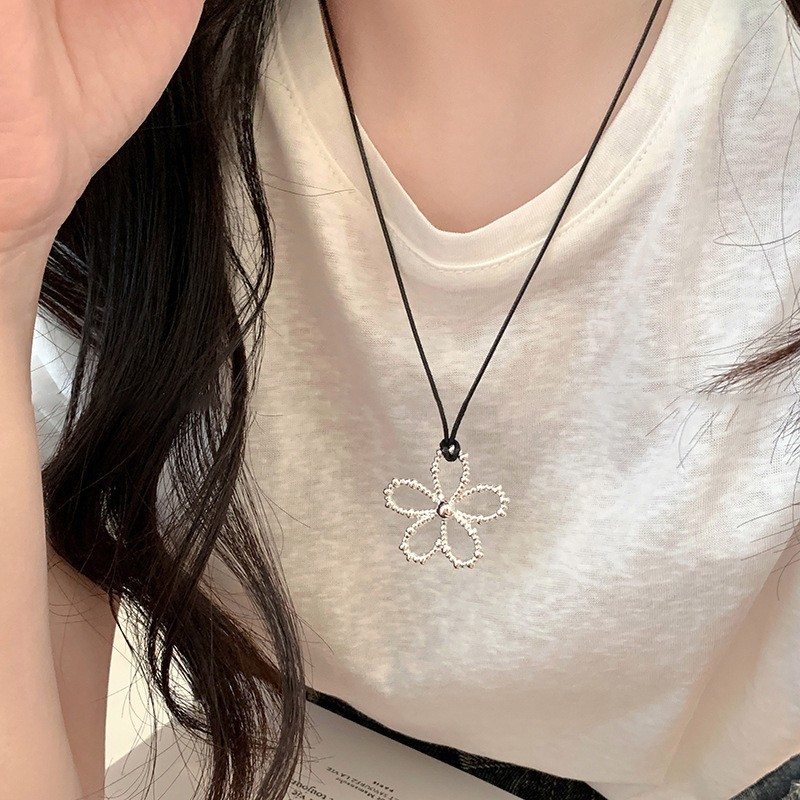 蜡绳几何椭圆形花朵爱心星星吊坠项链欧美小众锁骨链个性百搭项饰|undefined