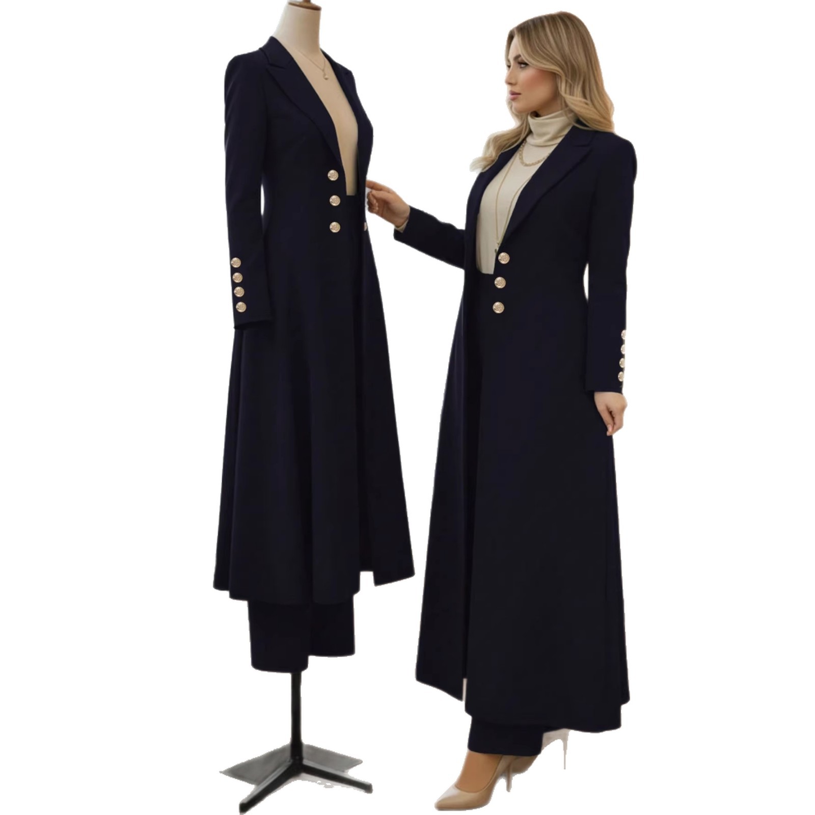 Plus Size Elegant Retro Style Suit Coat Casual Straight Leg Trousers Waist Cinching Long Coat Set_ecoleips.com