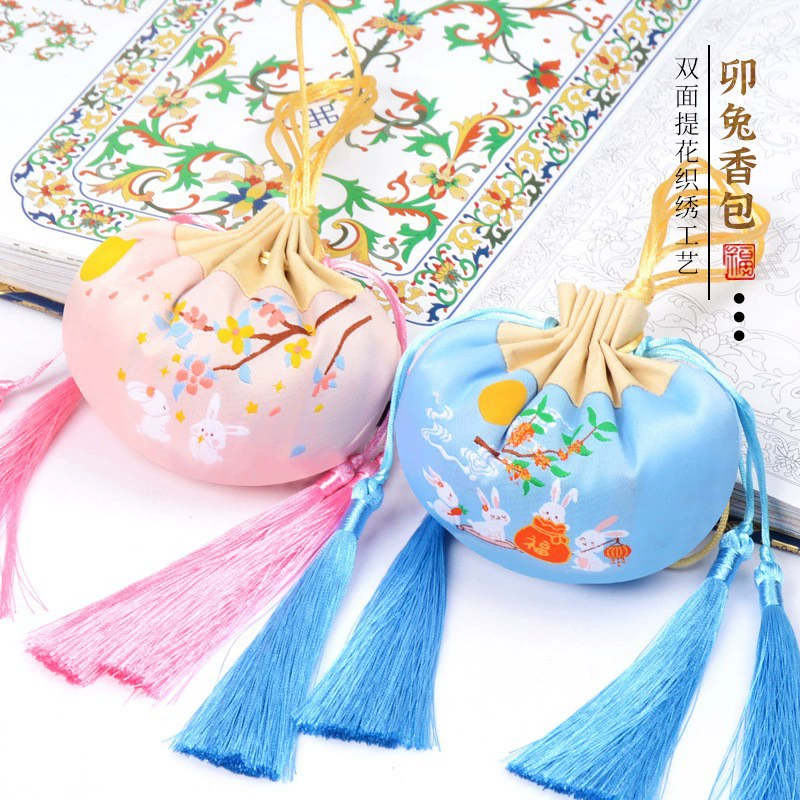 Ароматический мешочек с кроликом и кисточкой, ароматизатор для Дня девятого сентября, аксессуар для ханьфу, подвесное украшение для автомобиля и дома, ароматический мешочек в дворцовом стиле с кроликом.
