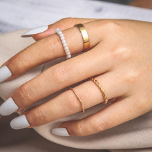韩版ins风 时尚珍珠开口麻花宽版亮片组合4件套小众设计感戒指女