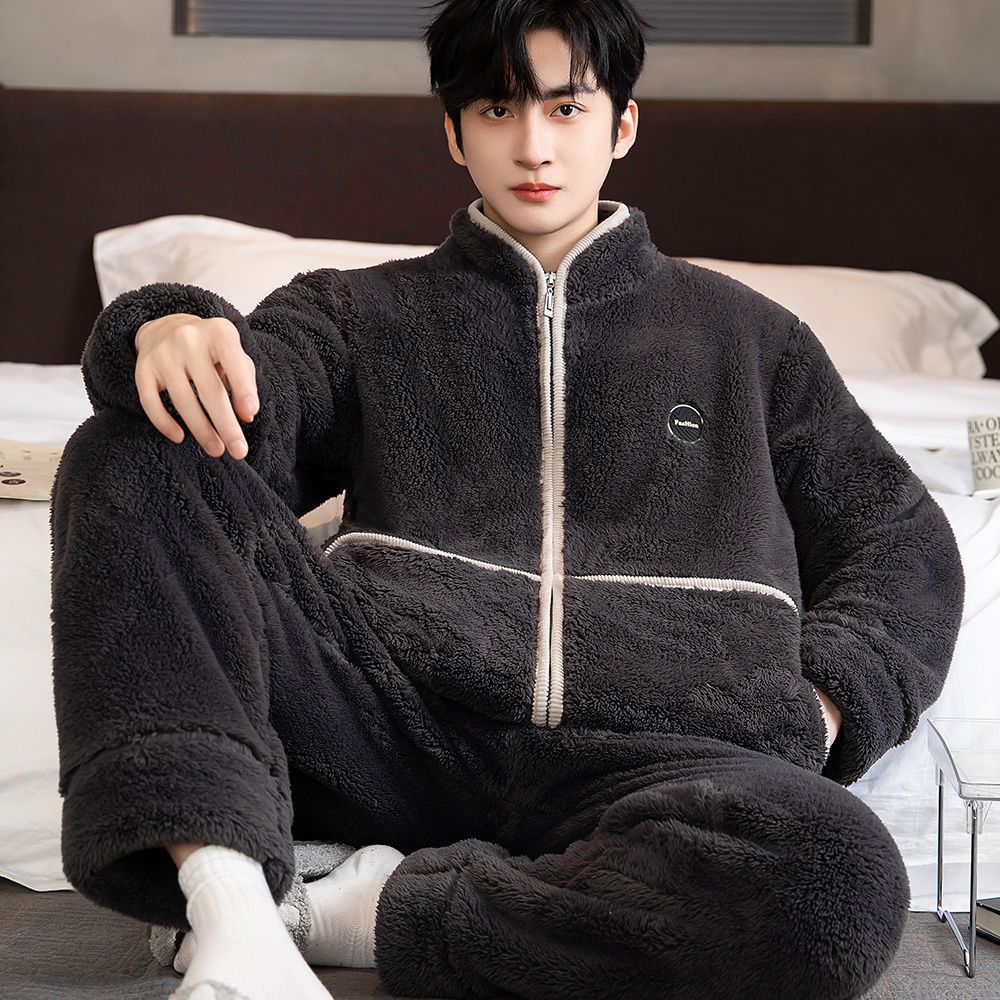 2025 Warm Pajamas Autumn and Winter Fleece-Lined Winter Thickeneded Zipper Men's Coral New Home Clothes Can Be Worn Outside the Suit