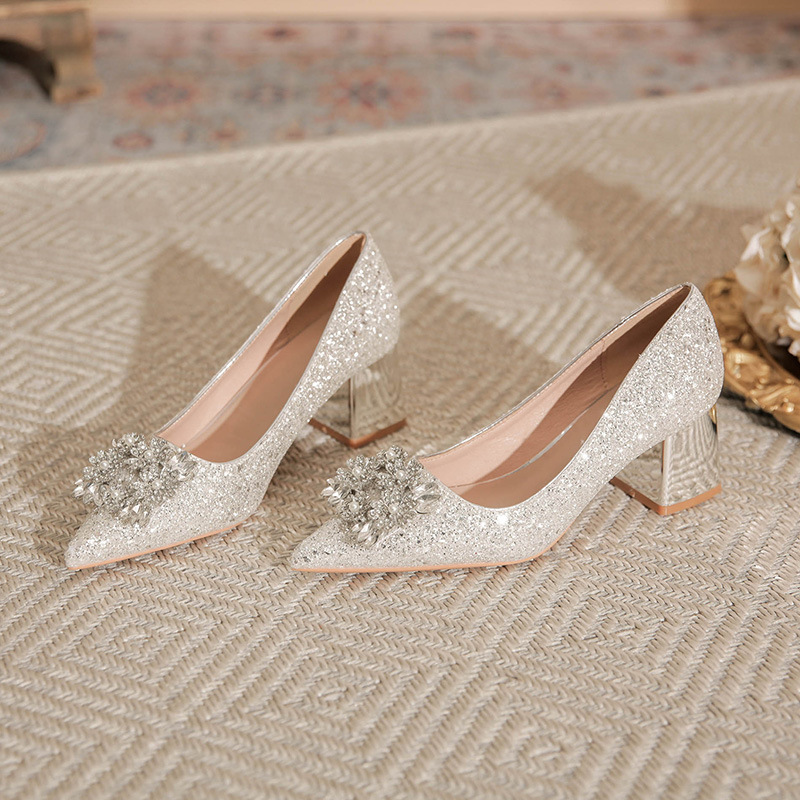 X201-A5 chunky heel rhinestone sequined wedding shoes banquet shoes comfortable breathable pointed high heels