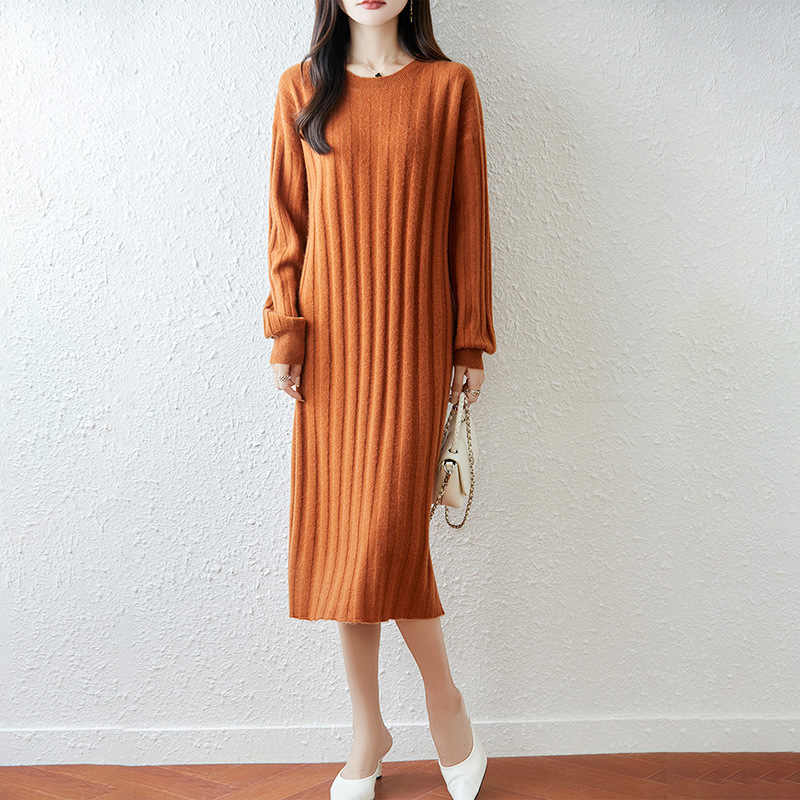 New Autumn and Winter 100 Wool Round Neck Knitted Dress Women's Pit Stripes Simple Design Long Skirt Sweater