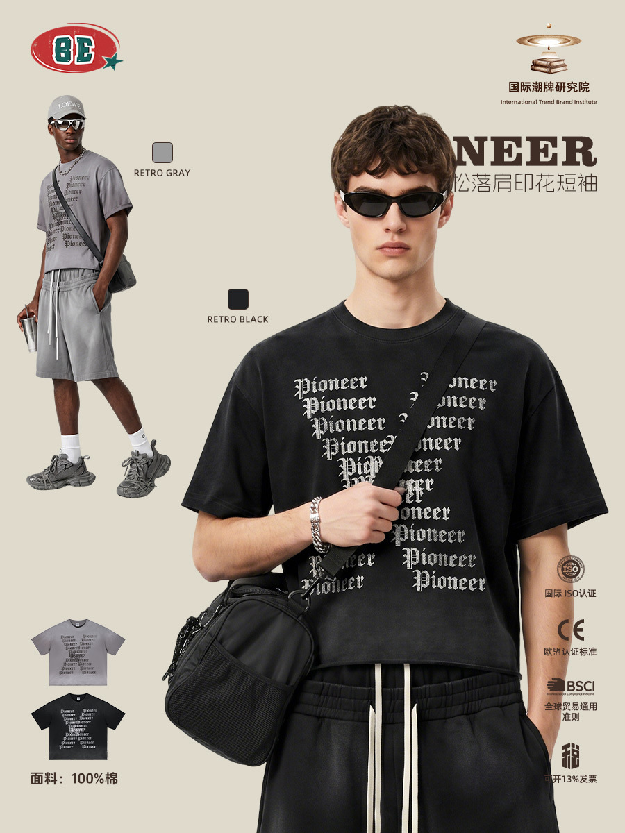 Be Hombres| Marca de moda americana de alta calle oscura Feng Shui lavado hace viejos spray de caballo borde disperso letras góticas camiseta hombre verano image 3