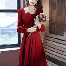 2025新娘敬酒服酒红色订婚结婚回门秋冬小晚礼服连衣裙平时可穿女