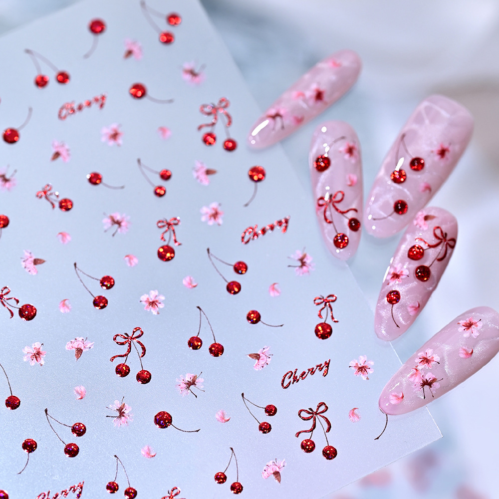 Trendy Instagram-Style Red Cherry Story 3D Nail Stickers with Bowknot and Ribbon, Light Luxury Pure Desire Style Nail Stickers
