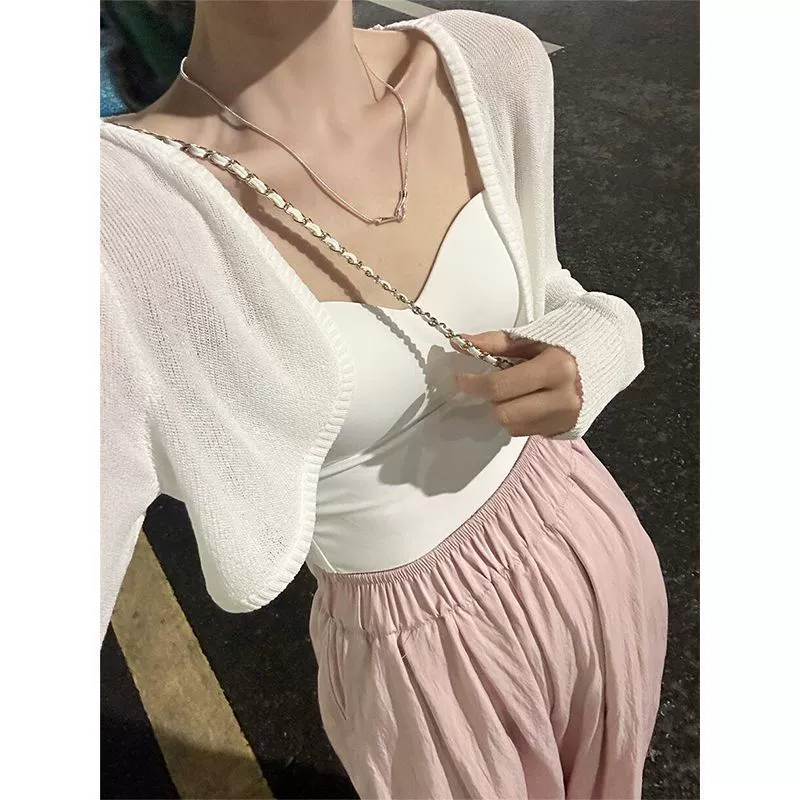 Короткий шелковый тонкий кардиган, slip dress, летняя вязаная накидка, жилет, французский стиль, солнцезащита