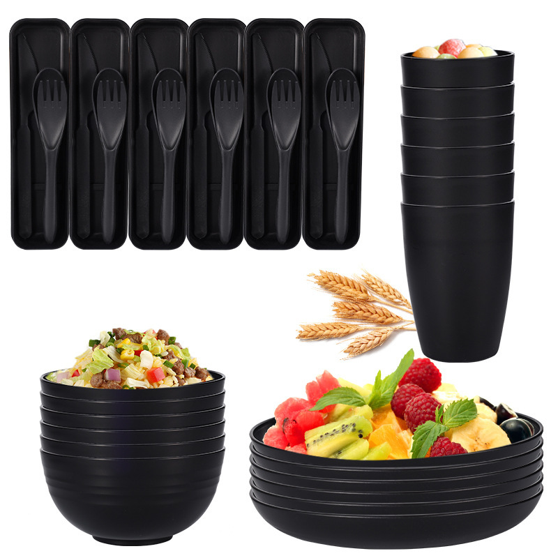 Amazon Hot Selling American Wheat Straw Bowl Plate Water Cup Black Knife, Fork and Spoon Tableware 6-person Gift Set