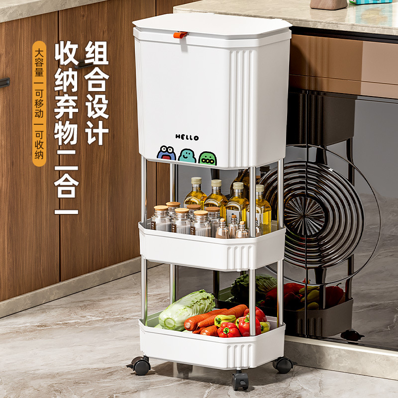 Kitchen Trash Can for Home Use, Tall Double-Layer, No Bending, with Lid, Large Capacity, with Wheels, Removable Sliding Lid, Japanese Style