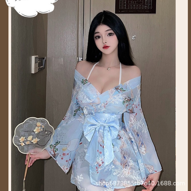 Sexy Lingerie Bathrobe See-Through Japanese Sweet Sexy Bow Pure Desire Cherry Blossom Girl Pajamas Kimono Sexy