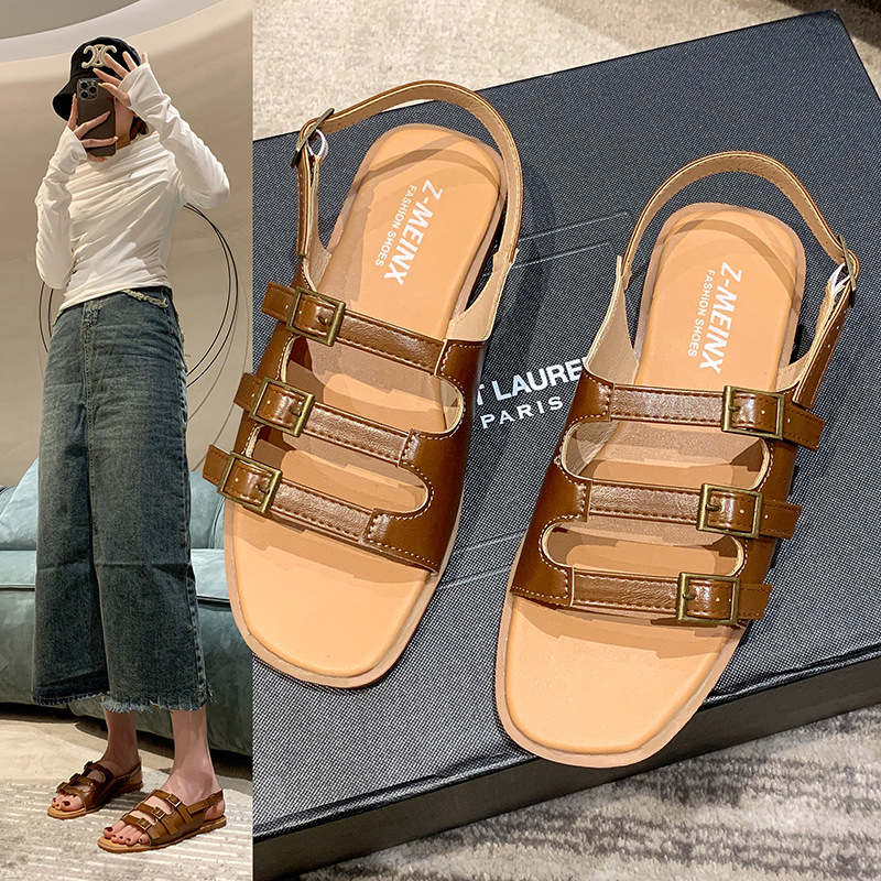 2024 sommer Neue frauen Casual Quadratischen Kopf Römische Schuhe mit Flachem Boden Sandalen_voghion.com