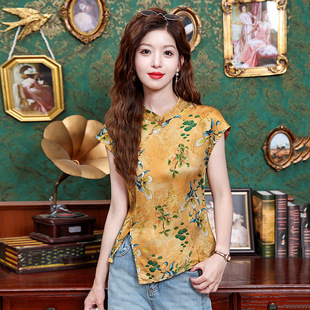 New Chinese Style Short-Sleeved Women's 2025 Summer New Improved Retro Stand-Up Collar Printed Slit Top Shirt T-Shirt