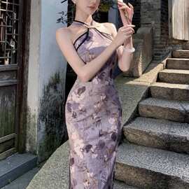 2025新款新中式改良旗袍挂脖露肩连衣裙女夏御姐高级性感包臀长裙
