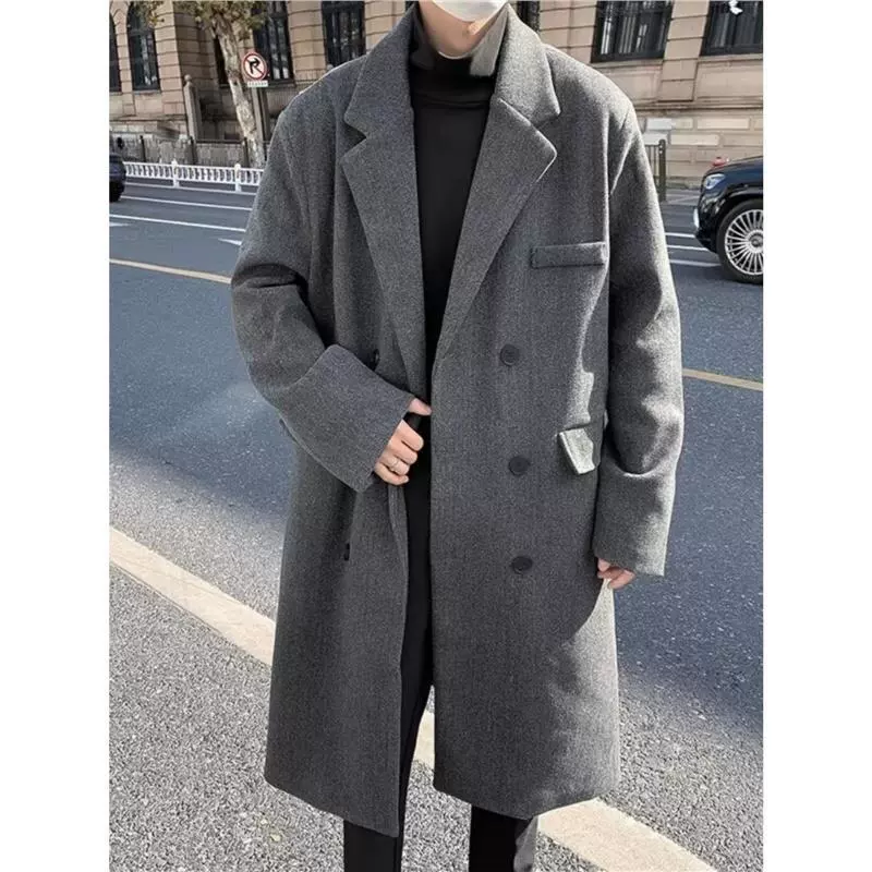 Зимнее шерстяное пальто мужского среднего и длинного коленного костюма воротник двубортный шерстяной плащ утолщение ins прилив