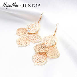 JUSTOP 欧美复古轻著树叶吊坠亚马逊韩版耳钩镂空耳饰叶子饰品