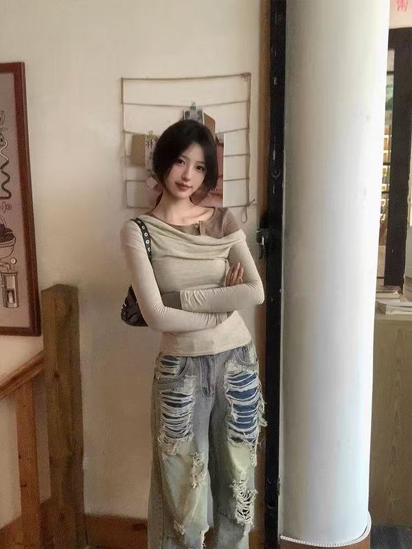 韩系设计感假两件长袖露肩t恤女秋季修身收腰高级感独特绝美上衣|undefined