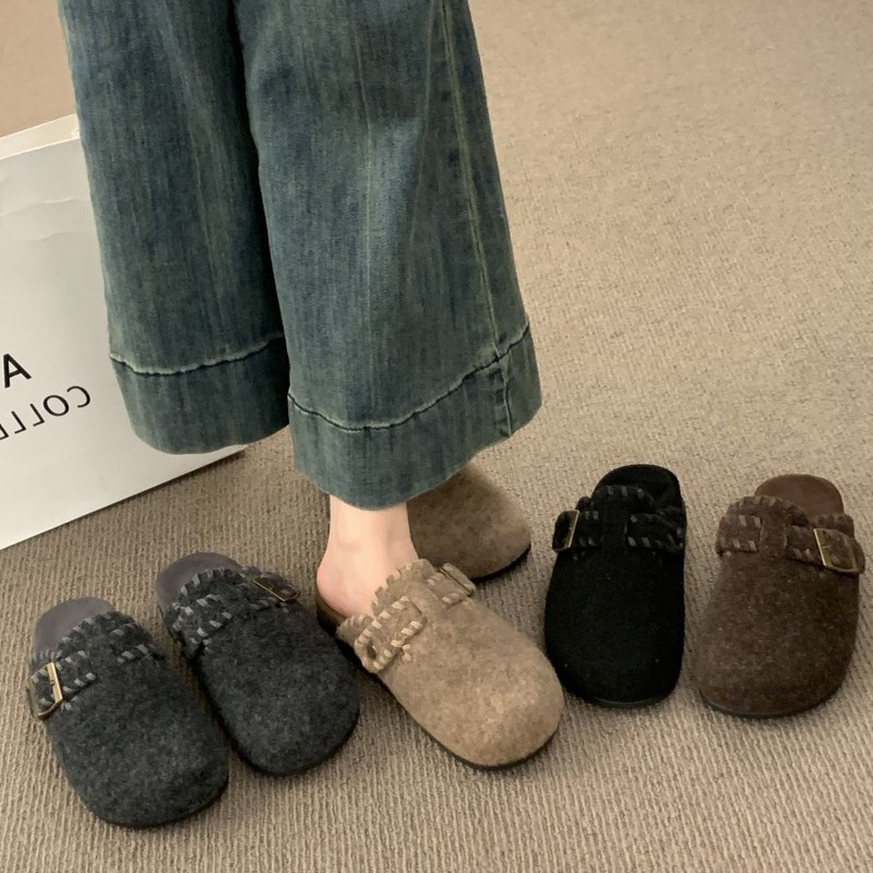 韩版复古晚晚风呢子包头半拖鞋女外穿一脚蹬厚底灰色毛毡勃肯鞋女|undefined