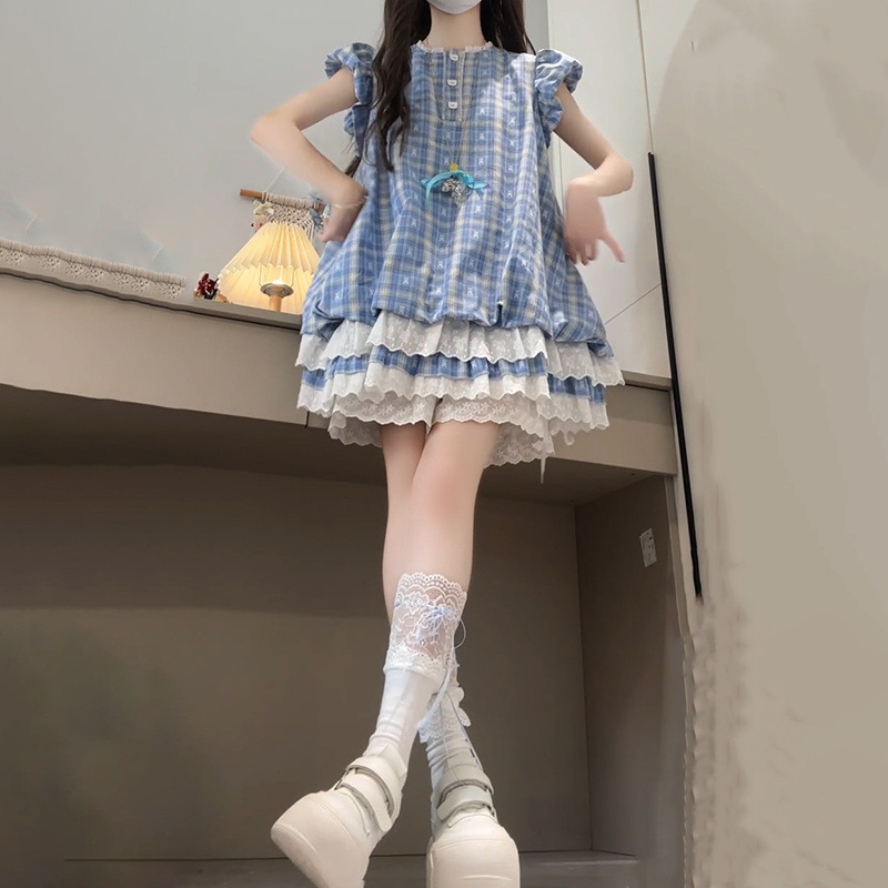 韩版甜美学院风蓝色格纹连衣裙子女夏季新款宽松小个子拼接蛋糕裙
