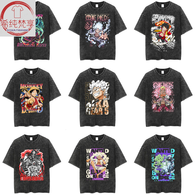 Direct Spray One Piece New Era Washed Vintage Anime T-Shirt Short Sleeve Printed Loose Summer Cotton Men's American Style T-Shirt