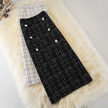 新款毛呢格子中长款半身裙女大码高腰小香风排扣开叉一步裙复古裙