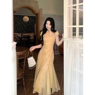 New Chinese Style Gentle Elegant Short-Sleeved Dress Women's Waist-Covering Hip Cheongsam Dress 2025 Summer New Dress Long Skirt